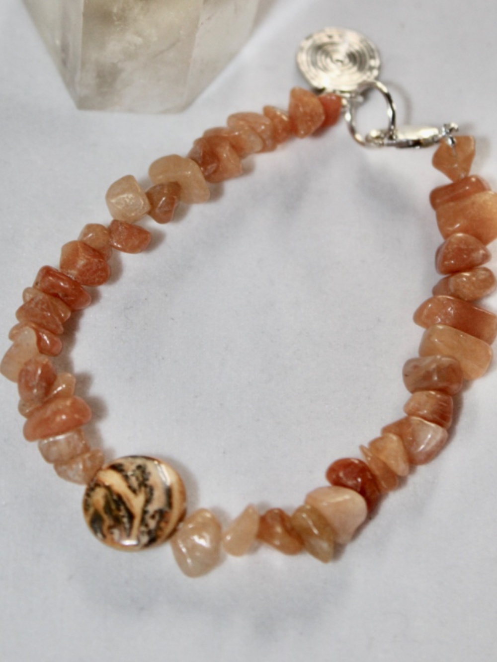 New Hand-beaded Red Aventurine Chip Bracelet with Silver , 7-1/4 inch
